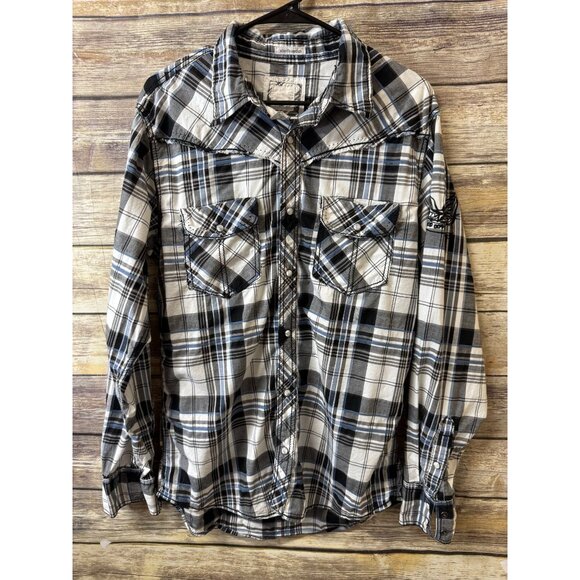 Men's BKE Denim Button Down Shirt L Large Plaid Blue Striped Pearl Snap Buttons - Picture 1 of 5